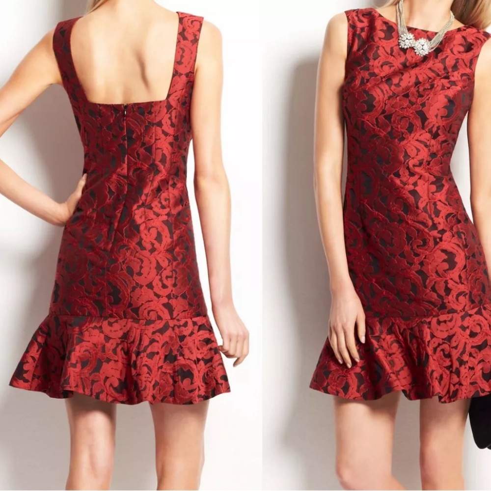 Ann Taylor Floral Jacquard Flounce Dress Size 0 Holiday Christmas